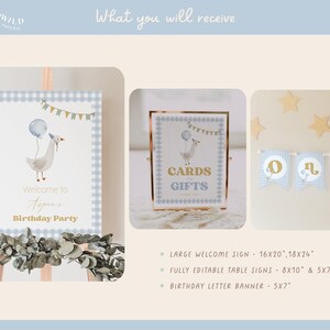 Boy One Silly Goose Birthday Bundle, editable blue goose-themed invitation, decor, and 1st birthday templates.