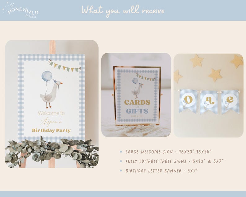 Boy One Silly Goose Birthday Bundle, editable blue goose-themed invitation, decor, and 1st birthday templates.