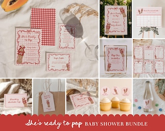 She’s Ready to Pop Baby Shower Bundle – Pink Gingham Soda Pop Theme – Editable Girl Shower Invite, Games & Decor#HA1