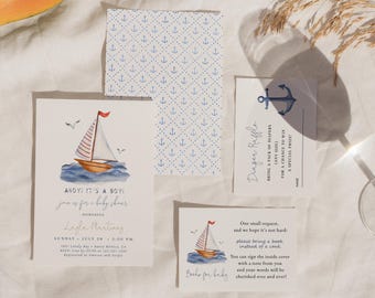 Nautical Baby Shower Invitation Set, Ahoy It’s a Boy Sailboat Ocean (Editable Template)