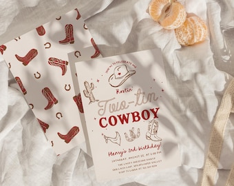Rootin Two-tin Cowboy Birthday Invitation, Editable Rodeo 2nd Birthday Invite, Western Boy Party#YF3