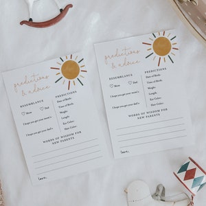 Prédictions et conseils pour bébé, jeu modifiable pour baby shower Boho Sunshine, jeu imprimable pour baby shower, voici le soleil # Y232