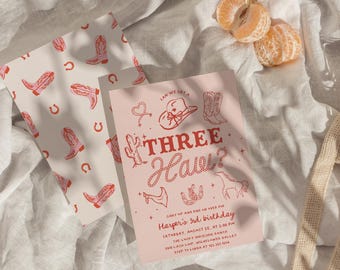 Three Haw Birthday Invitation Cowgirl 3rd Birthday - Pink Western Theme - Girl’s Country Birthday Party - Girl's 3rd Rodeo Invitation#YE9