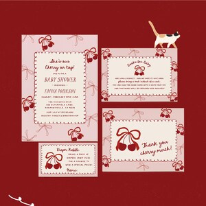 Cherry Baby Shower Bundle - Kokette handgezeichnete Kirschen - Bearbeitbare Kirsche an der Spitze Einladung, Windelverlosung, Buchanfrage, Dankeskarte #ZB3