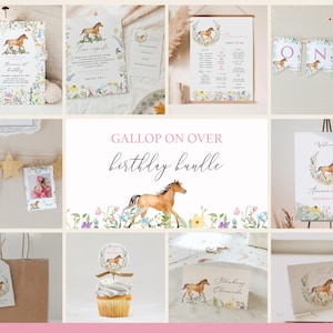 Gallop On Over 1st Birthday Bundle with Customizable Invitations, Milestones, and Decorations, Wildflowers Horse Birthday Set#S246