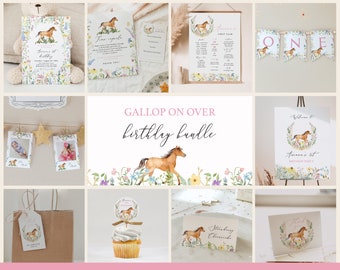 Gallop On Over 1st Birthday Bundle with Customizable Invitations, Milestones, and Decorations, Wildflowers Horse Birthday Set#S246