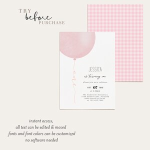 Pastel Pink Balloon Baby Girl 1st Birthday Invitation, Minimalist Girl 1st Birthday Invitation, Baby Pink 1st Birthday, Fully EditableR15 image 4