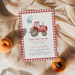 Red tractor 2nd birthday invitation for a boy farm birthday party, featuring a watercolor tractor, balloons, red gingham, and “Start Your Tractor” wording. Perfect for second birthday boys, barnyard parties, farm themes, and tractor-loving toddlers. Instant Access, simple to customize.
