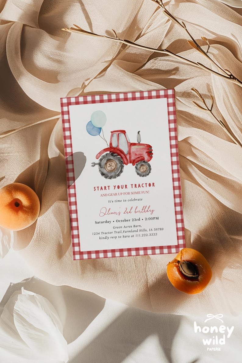 Red tractor 2nd birthday invitation for a boy farm birthday party, featuring a watercolor tractor, balloons, red gingham, and “Start Your Tractor” wording. Perfect for second birthday boys, barnyard parties, farm themes, and tractor-loving toddlers. Instant Access, simple to customize.