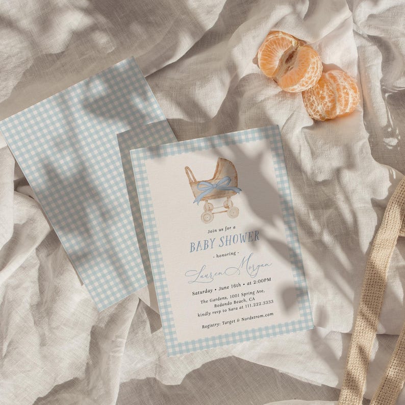 Blue gingham baby shower invitation set featuring a vintage baby carriage illustration, soft baby boy colors, and classic traditional styling. Editable baby shower bundle with coordinated invitation, books for baby card, diaper raffle ticket, and thank you card for an elegant and timeless celebration.