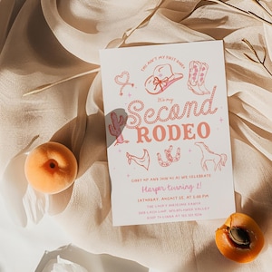 Girl 2nd Rodeo Birthday Invitation - This Ain’t Her 1st Rodeo, It’s Her 2nd! - Editable Hand Drawn Pink Cowgirl Western Party Invite#YE1