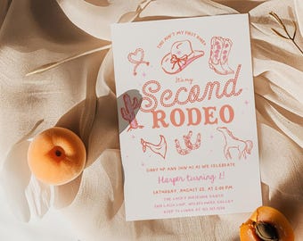 Rodeo-Geburtstags-Einladung für Mädchen - Das ist nicht ihr erstes Rodeo, es ist ihr zweiter! - Bearbeitbare handgezeichnete rosa Cowgirl-Western-Party einladen # YE1