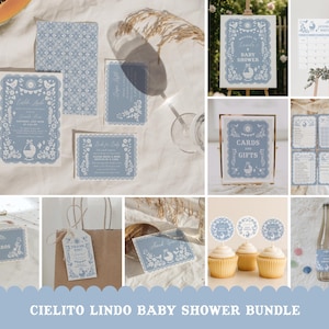 Paquete editable Dusty Blue Papel Picado Baby Shower - Cielito Lindo Fiesta - Talavera Mexican Baby Boy Imprimible Invitación, Juegos y Decoración #YH4