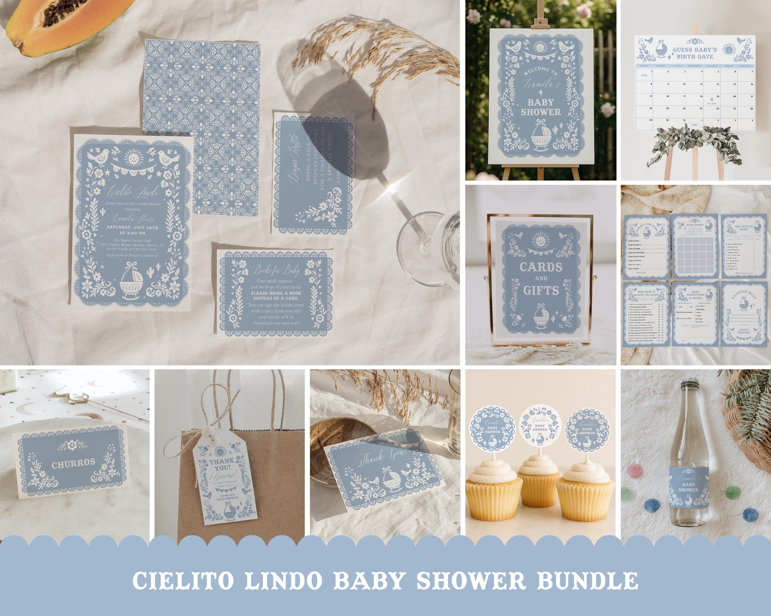 Paquete editable Dusty Blue Papel Picado Baby Shower - Cielito Lindo Fiesta - Talavera Mexican Baby Boy Imprimible Invitación, Juegos y Decoración #YH4