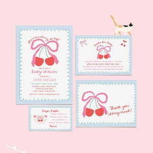 Paquete de baby shower de cerezas de verano: cerezas con lazo de cinta dibujadas a mano, invitación de cerezas editable, solicitud de libro, sorteo de pañales y tarjeta de agradecimiento n.° VB5