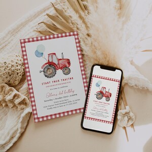 Vroom vroom! Start your tractor and roll into fun with this editable Red Tractor Birthday Invitation – perfect for a boy’s 2nd birthday party! Featuring hand-painted watercolor tractor artwork, gingham border, and playful fonts, this farm-themed template is ideal for your little one’s second birthday bash.