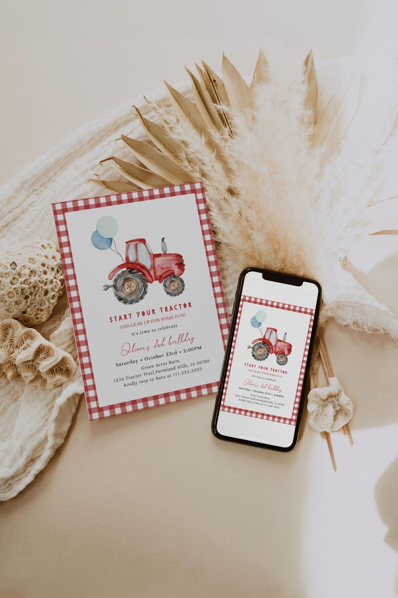 Vroom vroom! Start your tractor and roll into fun with this editable Red Tractor Birthday Invitation – perfect for a boy’s 2nd birthday party! Featuring hand-painted watercolor tractor artwork, gingham border, and playful fonts, this farm-themed template is ideal for your little one’s second birthday bash.