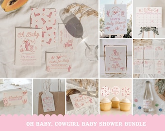 Oh Baby Cowgirl Desert Baby Shower Bundle - Editable Wild West Cowgirl Baby Shower Invitation, Decor & Games - Hand Drawn Pink Western#YF1