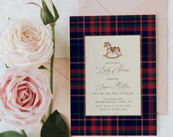 Tartan Plaid Baby Shower Invitation – Vintage Rocking Horse – Editable Classic Preppy Invite Template – Equestrian Theme#YA4