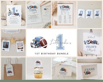 Boy Football 1st Birthday Bundle with Customizable Invitations, Milestones, and Decors | 1st Year Down Birthday Party | One Rookie Year#BO3