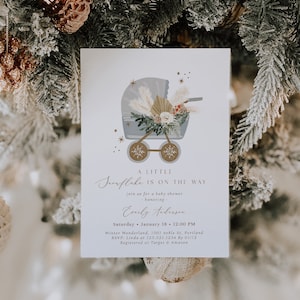 Winter Snowflake Baby Shower Invitation, A little snowflake Is On The Way Invitation, Boy Baby Shower Invite, Fully Editable#W222