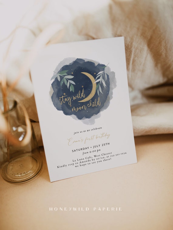Stay Wild Moon Child Birthday Invitation Greenery Moon Etsy New Zealand