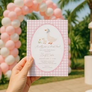Pink gingham Silly Goose baby shower bundle featuring charming goose and gosling illustrations, soft baby girl colors, and vintage storybook styling. Coordinated girl goose baby shower decor collection with matching invitations, diaper raffle cards, books for baby cards, thank you cards, and printable party templates.