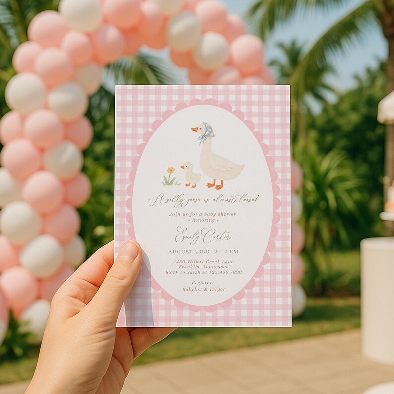 Pink gingham Silly Goose baby shower bundle featuring charming goose and gosling illustrations, soft baby girl colors, and vintage storybook styling. Coordinated girl goose baby shower decor collection with matching invitations, diaper raffle cards, books for baby cards, thank you cards, and printable party templates.