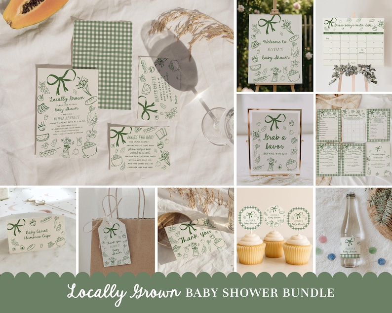 Complete Locally Grown baby shower bundle with matching invitations, games, books for baby cards, favor tags, welcome signs, and decor. Features green gingham patterns and hand drawn farmers market illustrations for garden, organic, and cottagecore themed baby shower celebrations.
