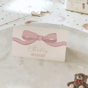 Bearbeitbare Dusty Rose Pink Bow Party Food Label Zeltkarte - Passen Sie Ihre Buffet Namenskarten an, Pink Ribbon Tischkarten Vorlagen # S251