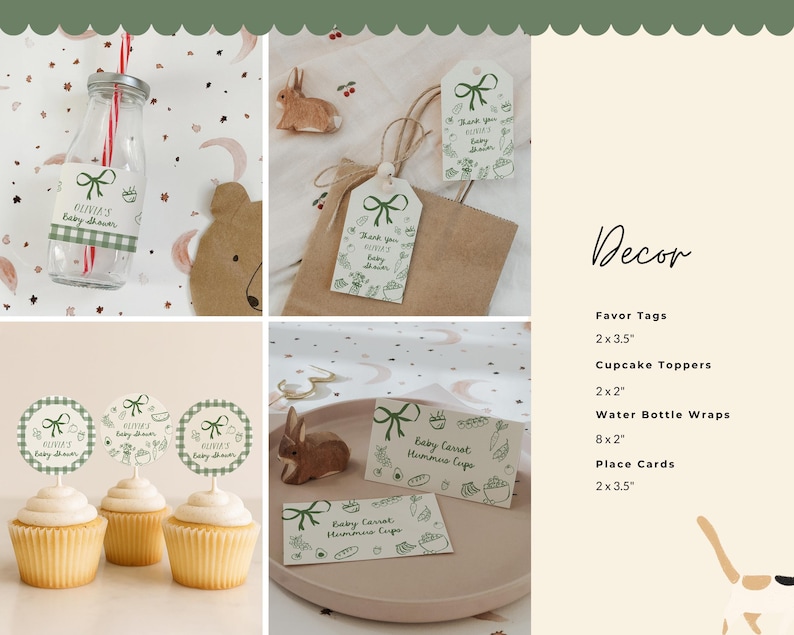 Complete Locally Grown baby shower bundle with matching invitations, games, books for baby cards, favor tags, welcome signs, and decor. Features green gingham patterns and hand drawn farmers market illustrations for garden, organic, and cottagecore themed baby shower celebrations.