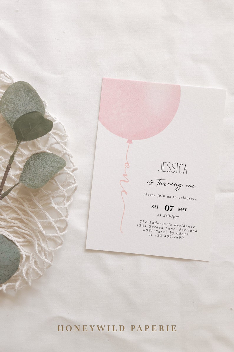 Pastel Pink Balloon Baby Girl 1st Birthday Invitation, Minimalist Girl 1st Birthday Invitation, Baby Pink 1st Birthday, Fully EditableR15 image 1