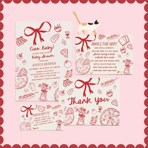 Bundle Ciao Baby Shower - Invitation modifiable sur le thème de la pizza, demande de livre, tombola et carte de remerciement - Ensemble italien de baby shower # YH3