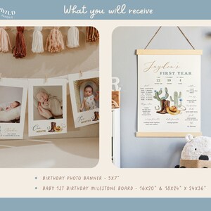 1st Rodeo Birthday Bundle featuring cowboy and western-themed elements, editable and printable, includes invitation and first birthday decor templates.