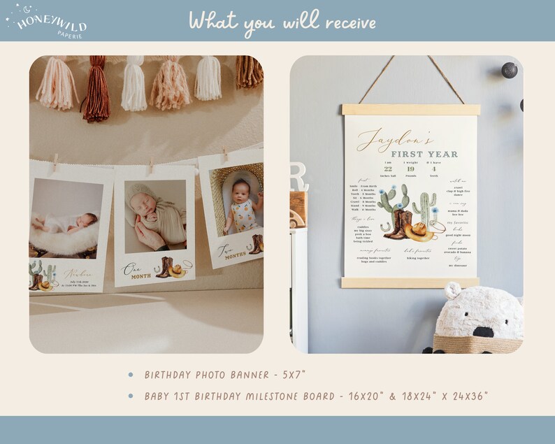 1st Rodeo Birthday Bundle featuring cowboy and western-themed elements, editable and printable, includes invitation and first birthday decor templates.