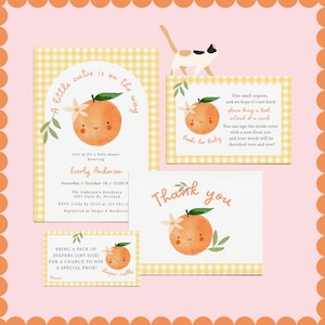 Bewerkbare oranje babyshower-uitnodigingsbundel – Een klein schatje onderweg – clementineboeken voor baby's, luierloten en bedankkaartjes#FA2