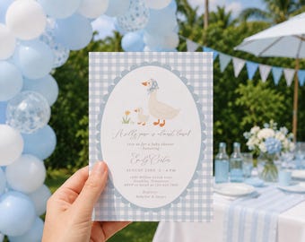 Silly Goose babyshower uitnodiging, blauwe pastel Mother Goose babyshower uitnodigen, bewerkbare Boy Baby Goose Shower-sjabloon #YB5
