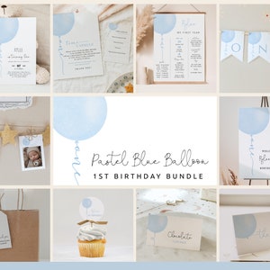 Boy 1st Birthday Bundle | Minimalist Blue Balloon Theme | Editable Invitations, Milestones & Decor | Pastel Blue First Birthday Set#YB1