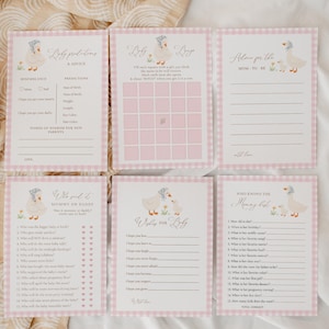 Pink gingham goose baby shower games bundle featuring charming goose and gosling illustrations, soft baby girl colors, and vintage storybook styling. Coordinated silly goose baby shower activity collection with matching printable games for a fun, memorable, and beautifully themed celebration.