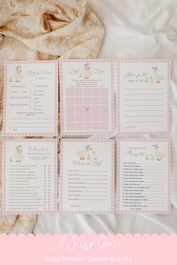 Pink Gingham Goose Baby Shower Games Bundle, Girl Silly Goose Shower Activities, Editable A Silly Goose is Almost Loose#YB7