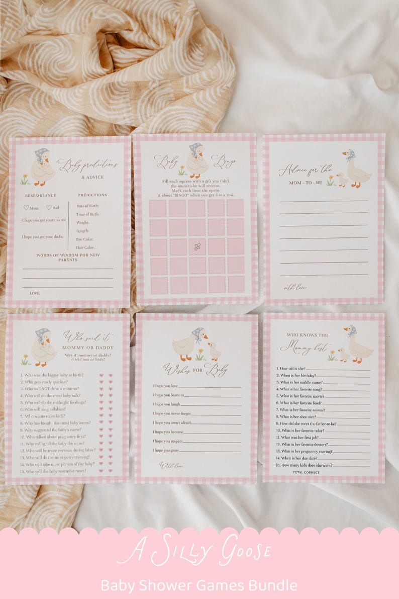 Pink gingham goose baby shower games bundle featuring charming goose and gosling illustrations, soft baby girl colors, and vintage storybook styling. Coordinated silly goose baby shower activity collection with matching printable games for a fun, memorable, and beautifully themed celebration.