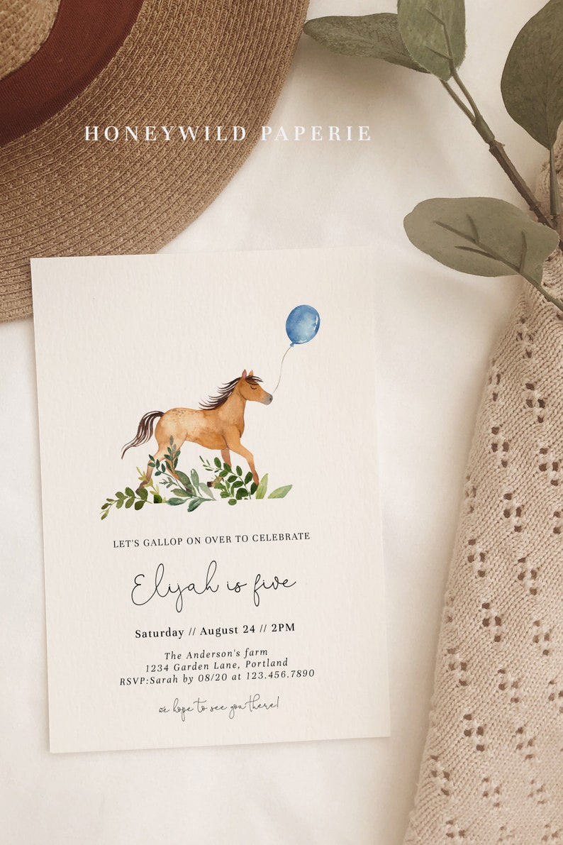 Simple Greenery Little Horse Birthday Invitation, Gallop on Over, Horse Birthday Party Invitation, Farm Birthday Invite, Fully EditableA9 image 7