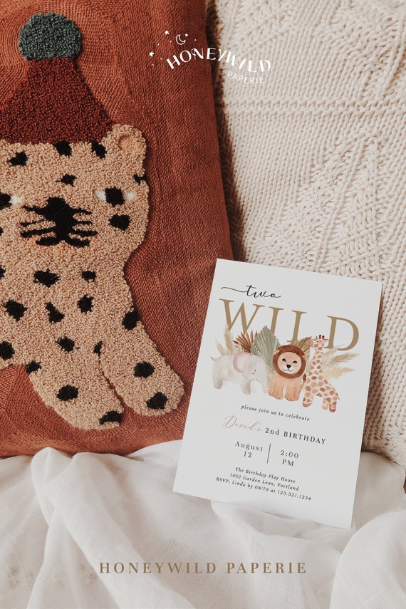 Two Wild Birthday Party Invitation, For Boy or Girl, Pampas Safari 2nd Birthday Invitation, Boho Jungle Animal Invite,Fully Editable#Y211