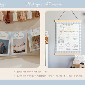 Boy One Silly Goose Birthday Bundle, editable blue goose-themed invitation, decor, and 1st birthday templates.