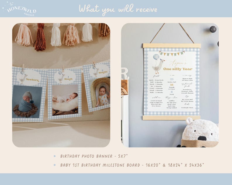 Boy One Silly Goose Birthday Bundle, editable blue goose-themed invitation, decor, and 1st birthday templates.