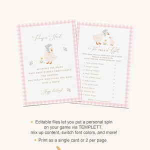 Pink gingham goose baby shower games bundle featuring charming goose and gosling illustrations, soft baby girl colors, and vintage storybook styling. Coordinated silly goose baby shower activity collection with matching printable games for a fun, memorable, and beautifully themed celebration.