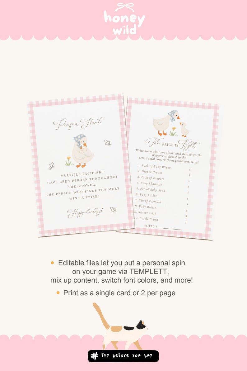 Pink gingham goose baby shower games bundle featuring charming goose and gosling illustrations, soft baby girl colors, and vintage storybook styling. Coordinated silly goose baby shower activity collection with matching printable games for a fun, memorable, and beautifully themed celebration.