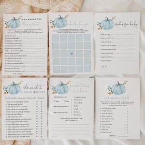 Peut inclure: Un ensemble de jeux de baby shower imprimables sur le thème de la citrouille bleue et blanche. Les jeux comprennent "Qui connaît le mieux la maman", "Qui l'a dit", "Baby Bingo", "Prédictions et conseils", et "Le prix est juste".