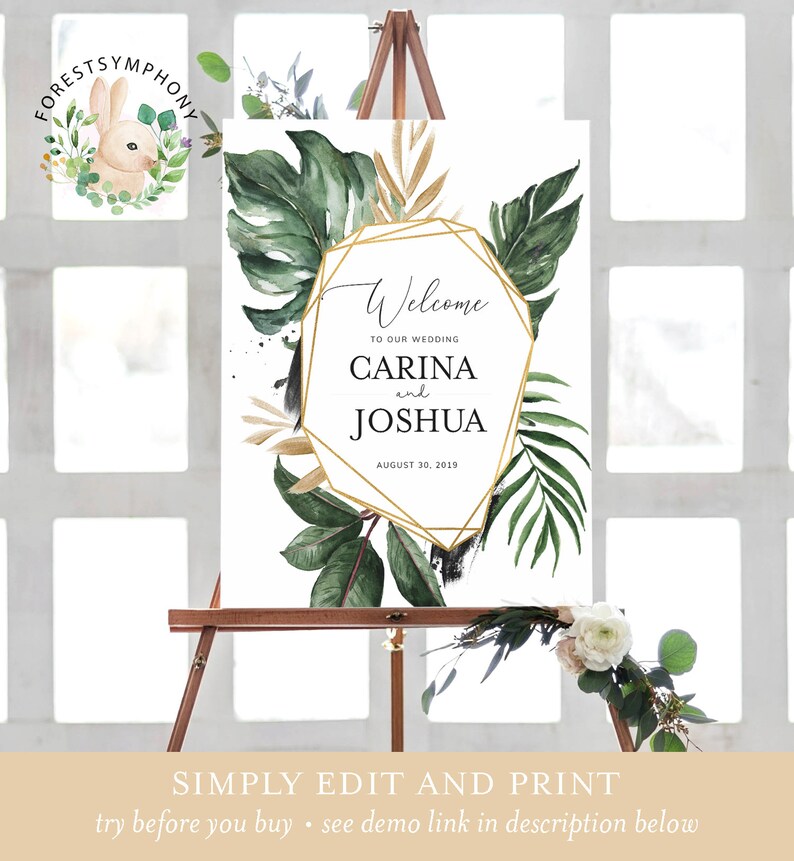 16x20, 18x24, 20x30, 24x36 Tropical Gold Geometric Greenery Wedding Welcome Sign Printable \u2022 INSTANT DOWNLOAD \u2022 Editable Template #WD005