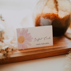 Carta per tenda con etichetta alimentare per feste con margherita rosa completamente modificabile, carte nome piatto buffet con tenda per baby shower con margherita rosa modificabili, segnaposto margherita#S17